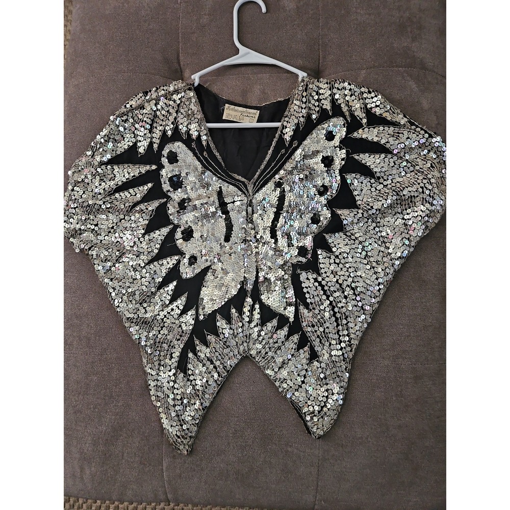 100% SILK 70s Vintage Iconic Butterfly Sequin Blouse Silver Black Disco Size S